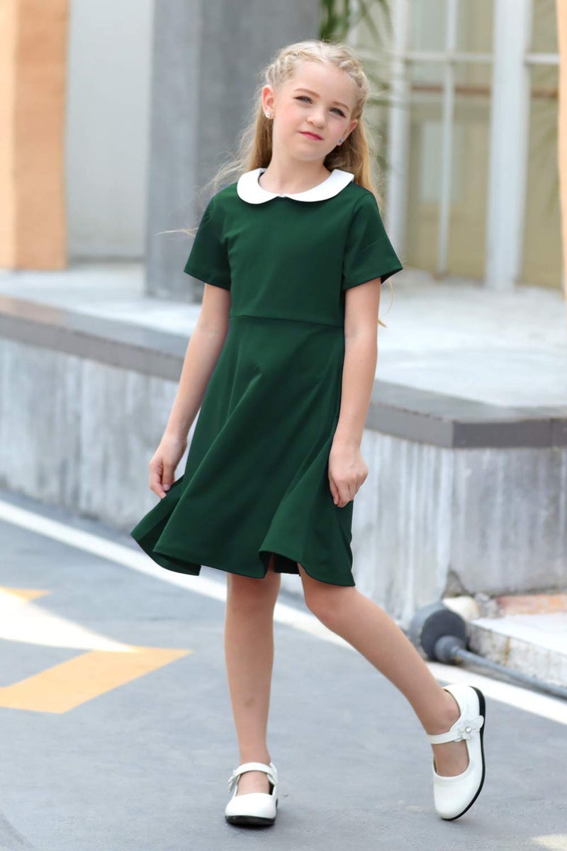 GORLYA Girl's Short Sleeve Casual Vintage Peter Pan Collar Fit and Flare Skater Party Dress with Pockets (GOR1006, 9-10Y, Green) - Image 5